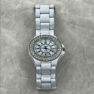 Vivani White watch with cubic zirconia around bezel